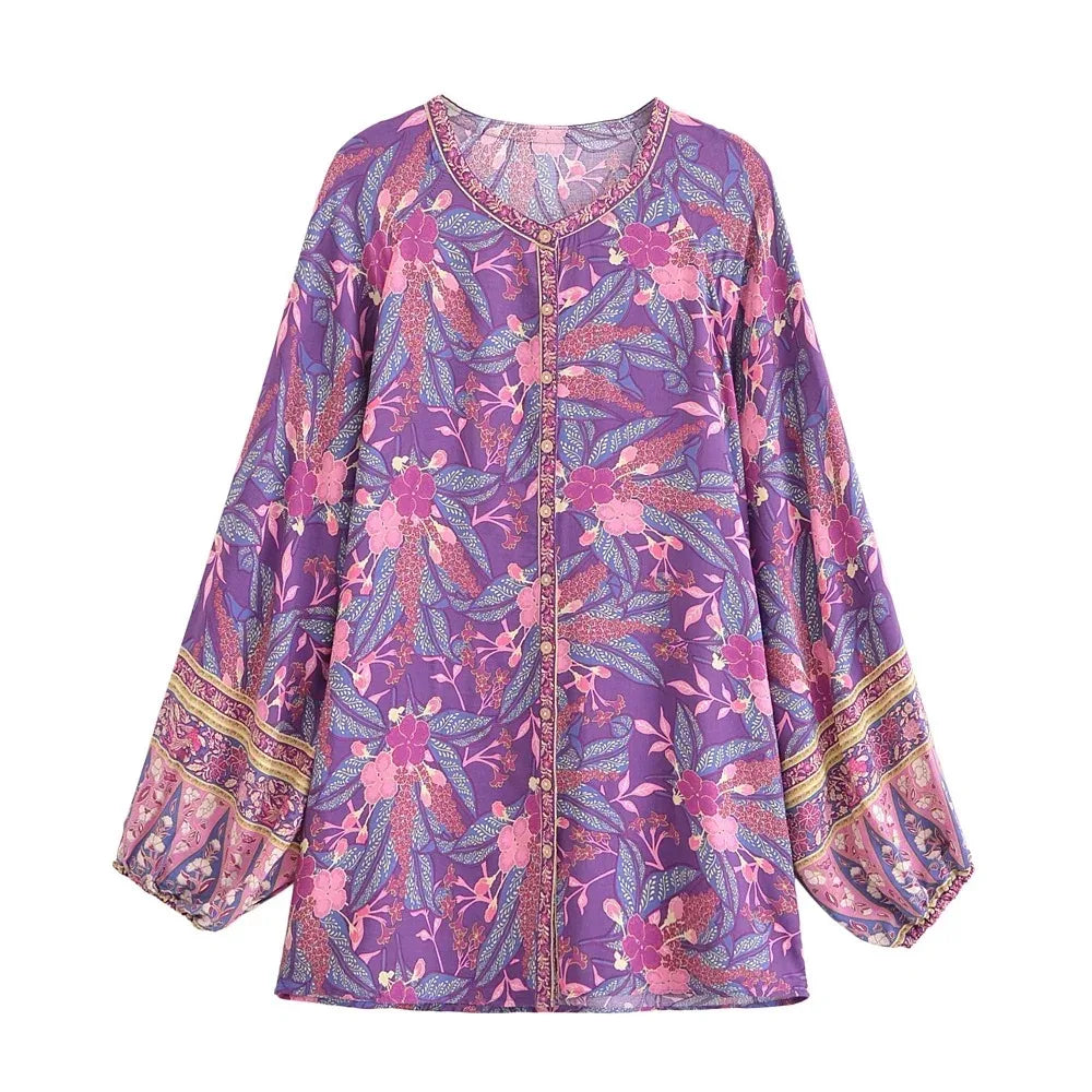 Hippie Vintage Chic Boho Shirt Women Floral Printed O-neck Blouse Shirts Flare Sleeve Female Elegant Bohemian Blusas