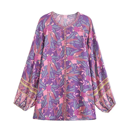 Hippie Vintage Chic Boho Shirt Women Floral Printed O-neck Blouse Shirts Flare Sleeve Female Elegant Bohemian Blusas
