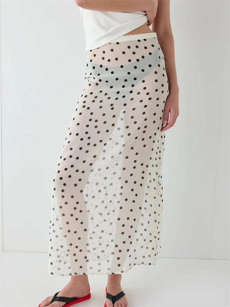 Women Summer Midi Skirts Elegant Dots Print Sheer Long Skirt for Beach Vacation Club Streetwear