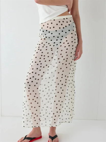 Women Summer Midi Skirts Elegant Dots Print Sheer Long Skirt for Beach Vacation Club Streetwear