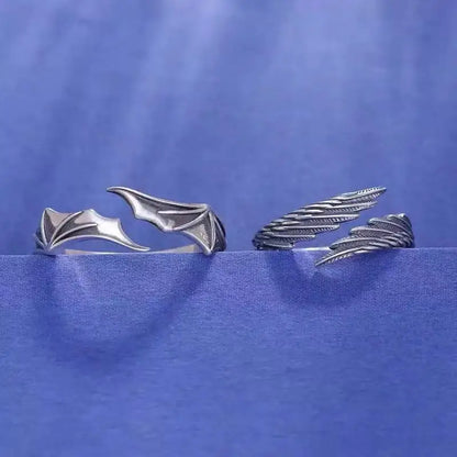 2PCS Fashionable And Simple Angel And Devil Wing Rings, Retro Personalized Open Mouth Men's And Women's Rings Available For Whol