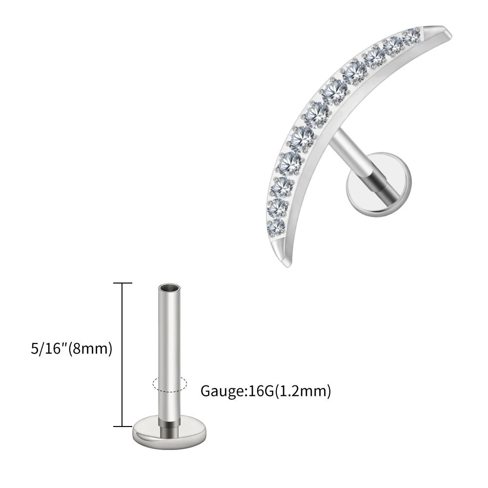 Right Grand ASTM F136 Titanium Long Crescent Moon Labret with CZ 16G Screw Back Climber Earring Helix Cartilage Tragus Piercing