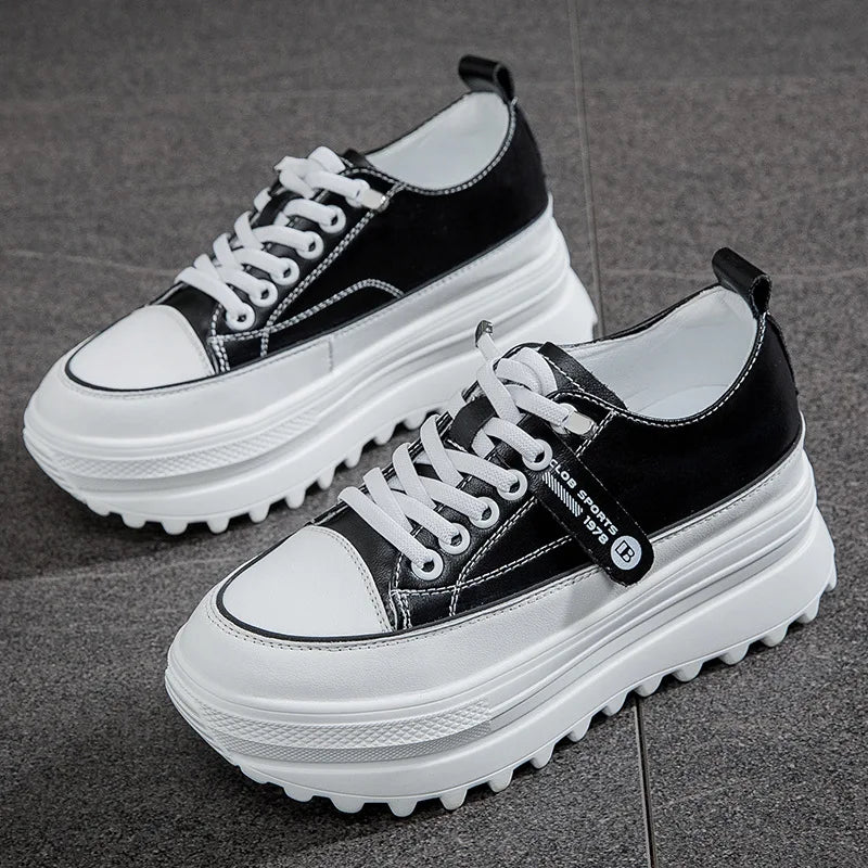 Fujin 5.5cm Genuine Leather Platform Wedge Shoes Chunky Sneaker White Casual Shoes Comfortable Breathable Autumn Autumn Shoes