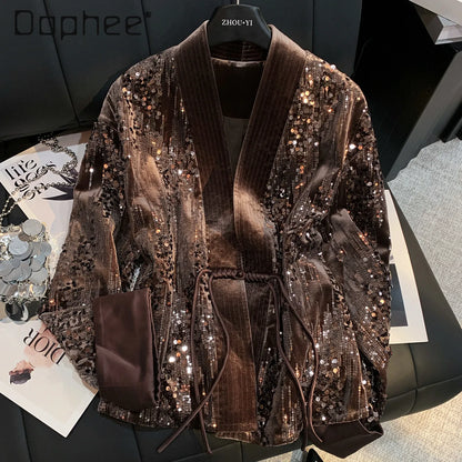 New Chinese Style Heavy Sequin Velvet Button Coat for Women Elegant V-Neck Slim Loose Slim Trendy High-End Coat Female