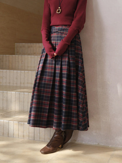 Vintage Plaid Pleated Long Skirt Women Lady High Waist A-Line Midi Skirt Preppy Elegant Winter Casual Daily Wear Style Outfit