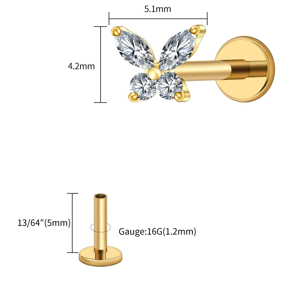 Right Grand ASTM F136 Titanium 16G Mini Butterfly CZ Labret Tragus Cartilage Conch Forward Helix Stud Nose Piercing Body Jewelry
