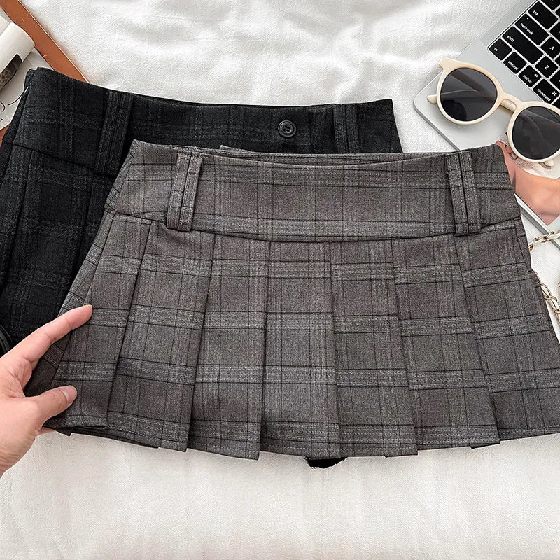 Women Khaki A-line Plaid Pleated Skirt Vintage Fashion Y2K Gyaru Skirt High Waist Preppy Style Retro Midi Skirt for Women Summer