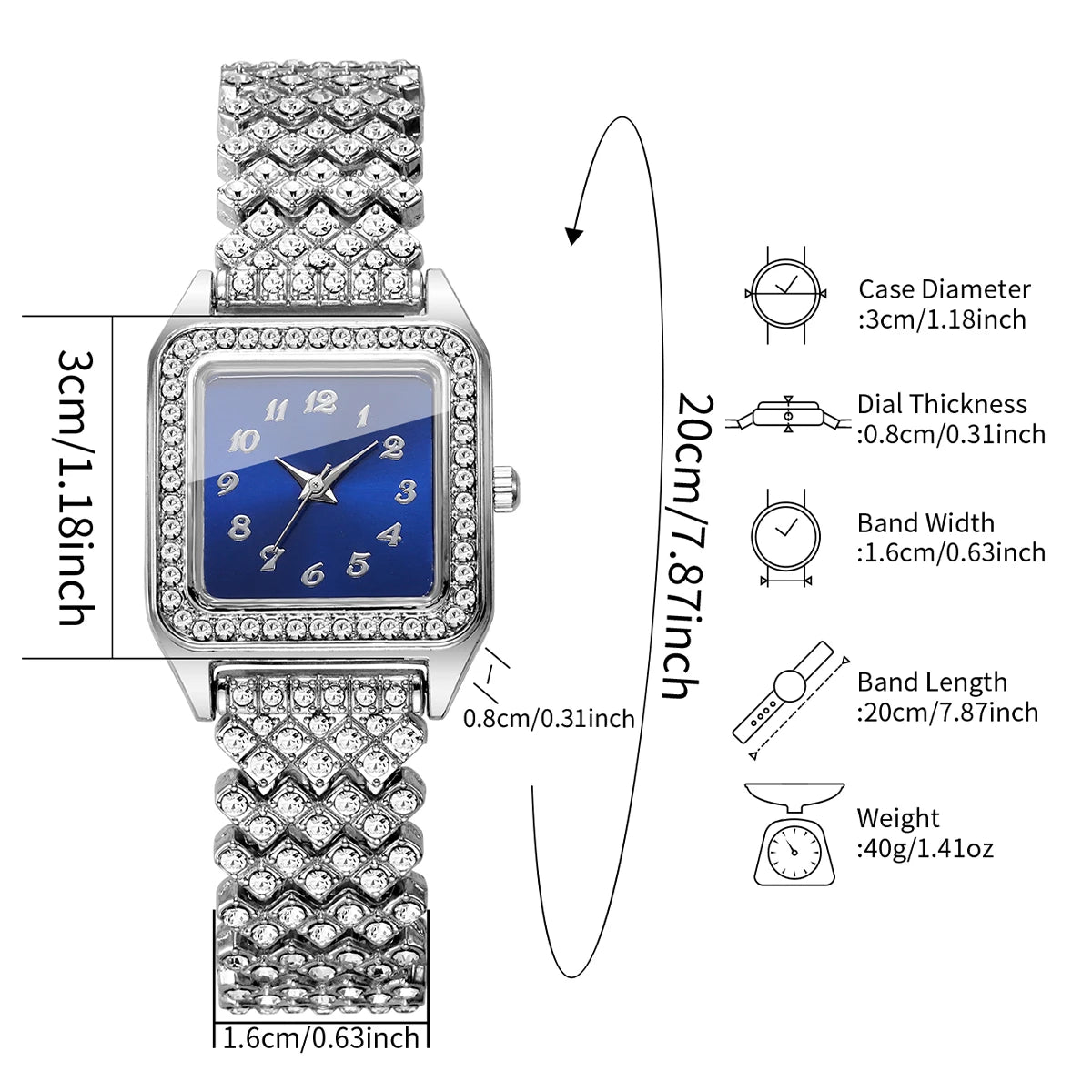 Elegant Square Women Watch Shiny Rhinestone Bracelet Wristwatch Blue Dial Quartz Ladies Dress Clock Relogio Feminino（Without Box