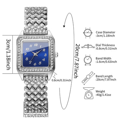 Elegant Square Women Watch Shiny Rhinestone Bracelet Wristwatch Blue Dial Quartz Ladies Dress Clock Relogio Feminino（Without Box
