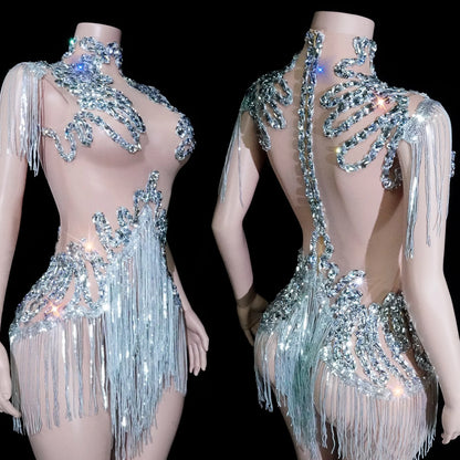 Black Sequins Fringes Leotard Mesh See through Party Bodysuit Women Sparkle Rhinestones Nightclub Prom Gogo Dance Stage Outfits