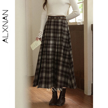 ALXNAN Women's Mid-Length Skirt 2026 Plaid Color-block Design Flared High-waisted Silhouette Slim-fit Casual A-Line Skirt L57735