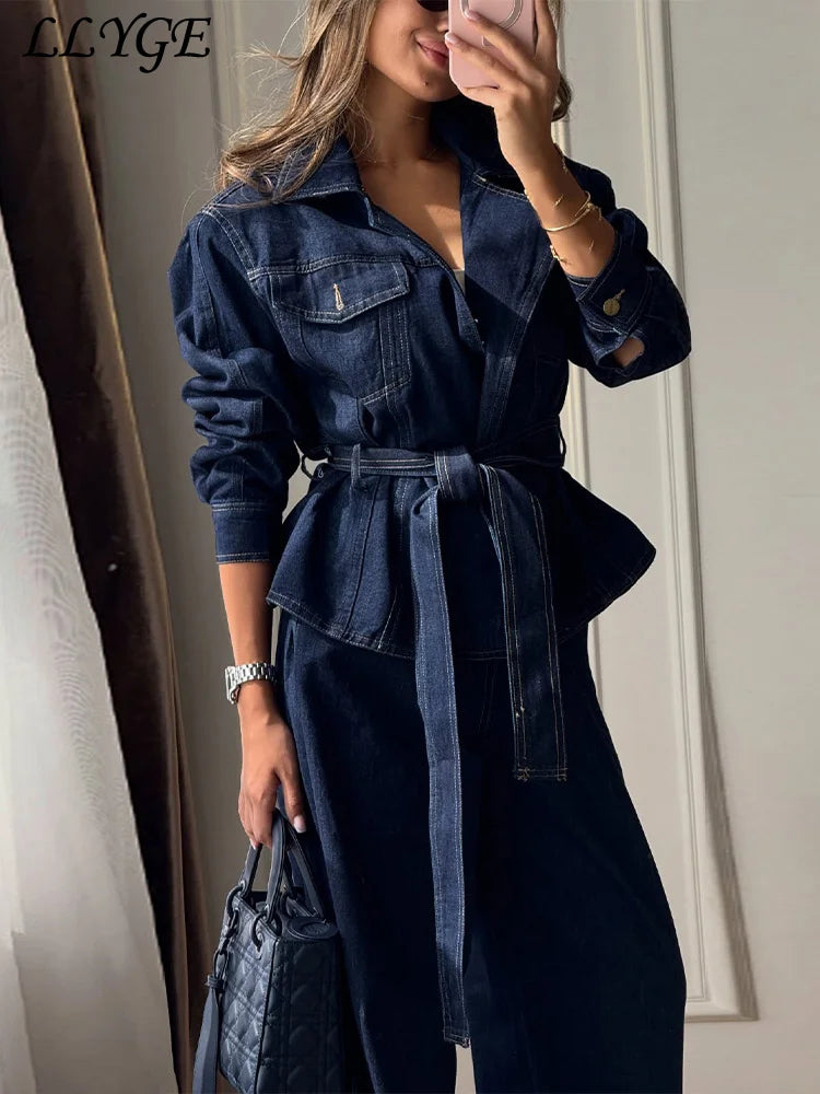 Elegant Belt Denim Jacket Women's Pants Sets Lapel Full Sleeve Pockets Coats Wide Leg Pant 2026 Autumn Lady Commute Suits