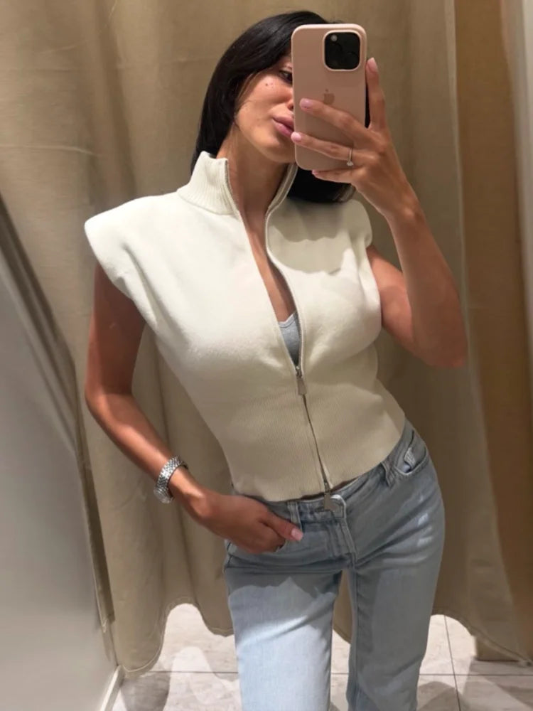 Women's Knitwear Half Turtleneck Double Zipper Knitted Vest Autumn Female Sleeveless Waist Cinching Solid Slim Cardigan New Tops