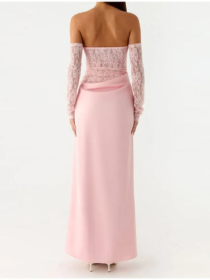 Elegant Pink Sweetheart Strapless Maxi Dress Lace Sheer Long Sleeve Overlay Draped Waist Gown Formal Evening Party Club Outfit