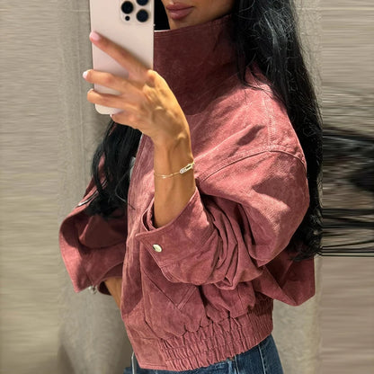 Women Dusty Faux Suede Bomber Jacket Stand Collar Zip Up Loose Drop Shoulder Elastic Hem Casual Fall Outerwear 2026 Fashion Coat