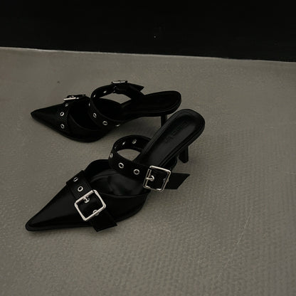 Women's Pointed-Toe Buckle Mules in Heel Options