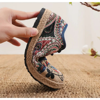 Women Shoes  Round Head Cotton Linen Canvas Single National Woven Round Toe Lace Up Cloth Shoes Woman Flats Size 35-40