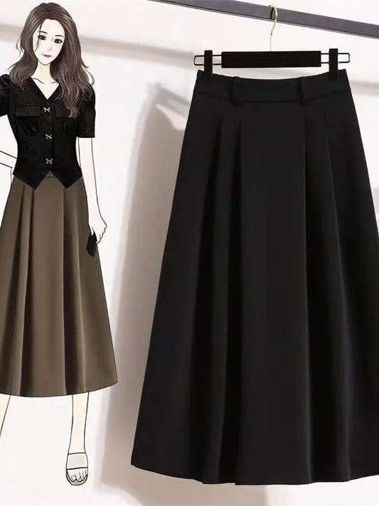 Draped Suit Style Midi Skirt A-Line Silhouette High Waist Korean Style plus Size Women's Clothing Summer Thinming Belly Covering
