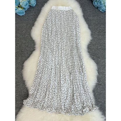 Polka Dot Print High Elegant A-line Pleated Long Skirt For Women 2025 Spring autumn Office Lady Casual Leopard Skirts