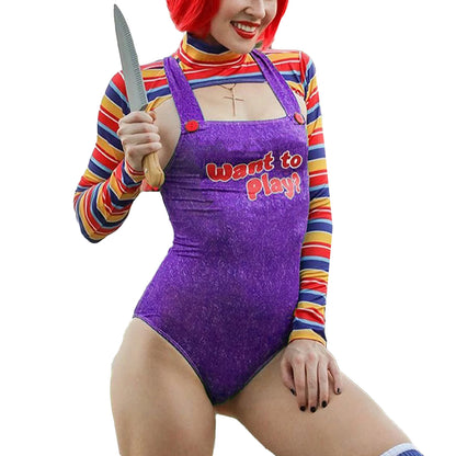 hirigin Women 2 Pcs Halloween Costumes Scary Nightmare Killer Doll Wanna Play Movie Character Costume Set Sling Jumpsuits
