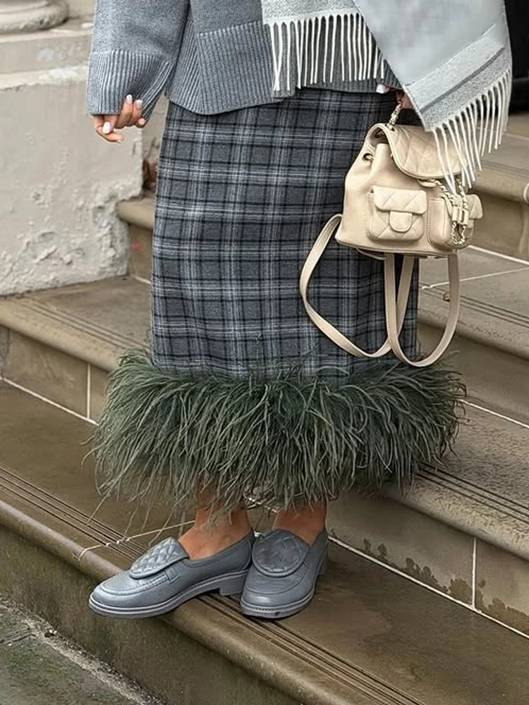 Womens Argyle Knit Sweater 2 Piece Outfit Plaid Midi Skirt With Faux Fur Hem Trim 2026 Autumn Winter Elegant Street Fashion Wear