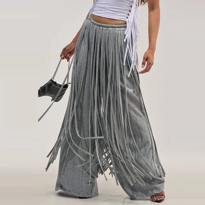 Fashion Tassels Hem Women's Coat Trouser Suit Long Sleeve Waist-Closed Turn-Down Collar Wide Leg Pant 2026 Autumn Chic Lady Set