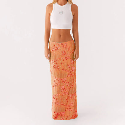 Elegant Beading Sequined Long Skirt for Women Summer Casual Floral Embroidery Maxi Straight Skirts for Beach Club Streetwear