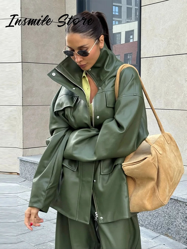 Street Waist Cinched Women's Leather Jacket Vintage Drawstring Stand Neck Zipper Pocket Jackets 2026 Autumn Moto Biker Outwear