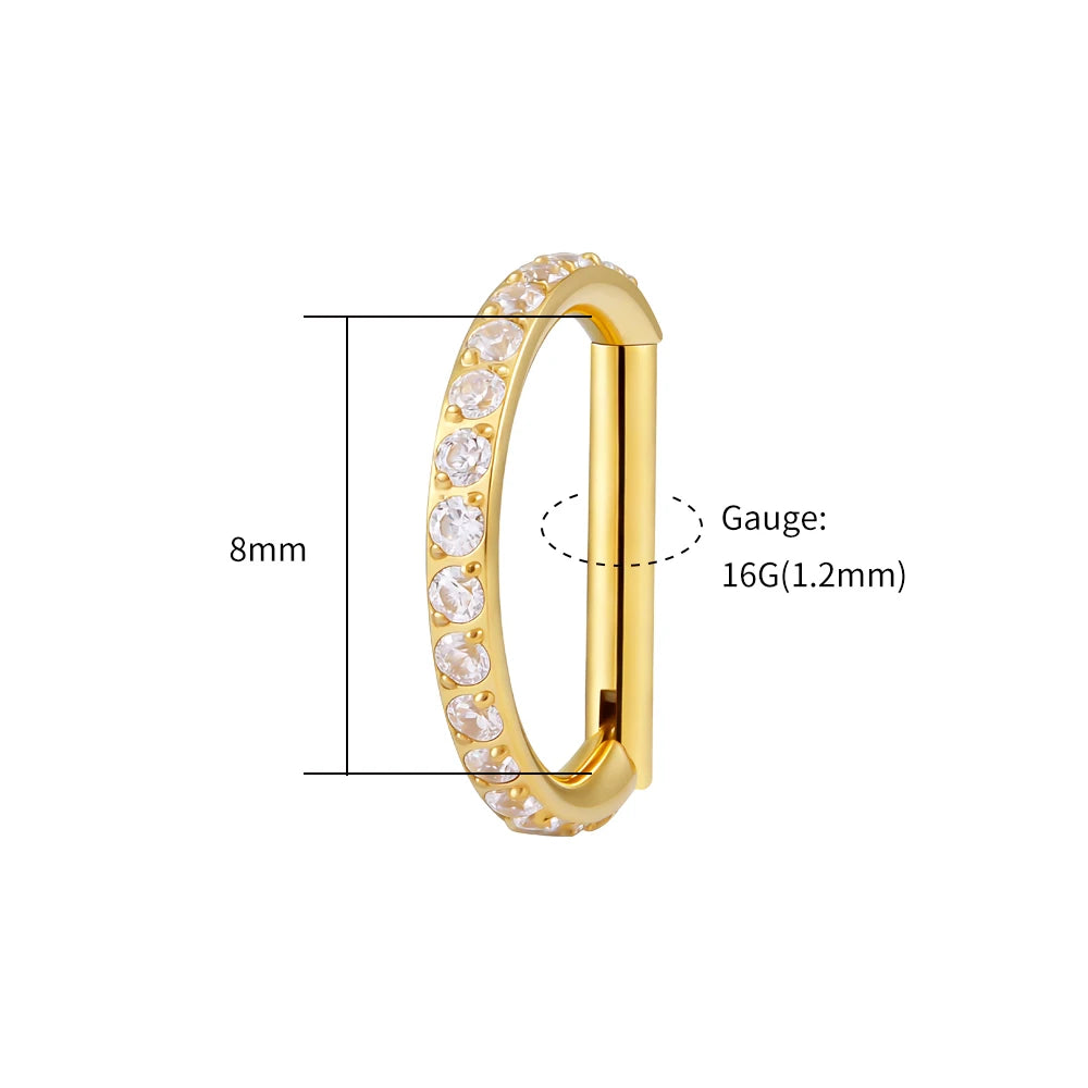 Right Grand ASTM F136 Titanium D Shape Nose Clicker with Full CZ 16G Hinged Segment Hoop Conch Helix Ear Piercing Body Jewelry
