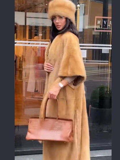 Women Faux Fur Shawl Collar Maxi Coat 3/4 Sleeve Open Front Self-Tie Belt Loose Fit Vintage Warm Jacket Luxury Ladies Outerwear