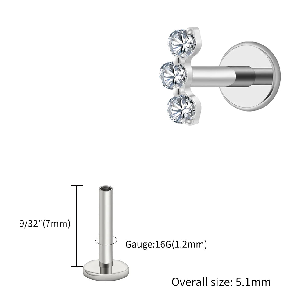 Right Grand ASTM F136 Titanium Triple CZ Helix Tragus Flat Back Earring 16G Dainty Ear Climber Cartilage Stud Piercing Jewelry