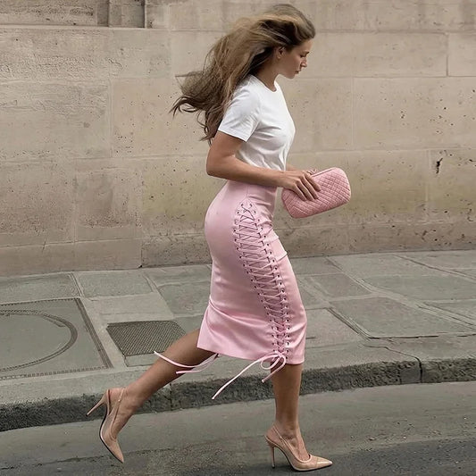 Women's Midi Skirt High Waist Side Lace‑Up Midi Skirt Bodycon Tie Adjust Hip Fitted Skirt City Date Going Out 2026 New For Women