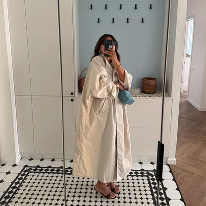 Women Casual Long Trench Coat with Lapel Collar Single-Breasted Batwing Sleeves Windbreaker New Streetwear Oversized Outerwear