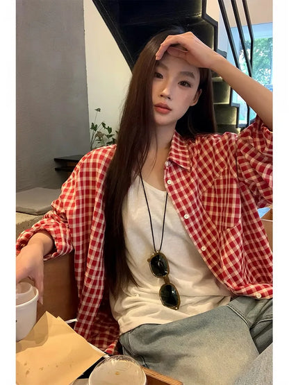 2026 Y2k Autumn Women New Vintage Red Plaid Turn-down Collar Over-shirt Long Sleeve Streetwear Loose Patchwork Harajuku Blouses