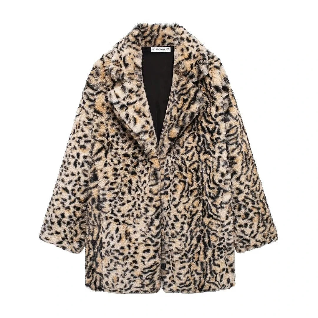 Leopard Print Warm Faux Fur Coat Women Fashion Keep Warm Lapel Collar Long Sleeves Thick Fur Coats Winter New Female Streetwear
