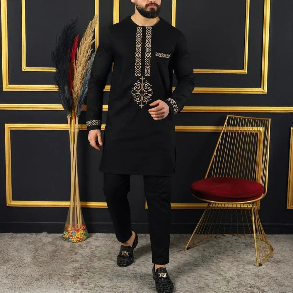 2025 African Men Dashiki Long Sleeve 2 Piece Set Traditional Outfit Africa Clothing White Men's Suit Male Shirt Pants Suits