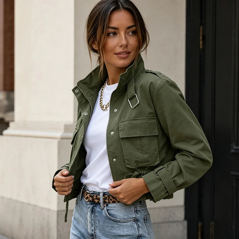 Vintage Women's Short Jacket Stand Collar Zip Single-breasted Army Green Utility Coat 2026 New Fall Chic Cargo Street Jackets