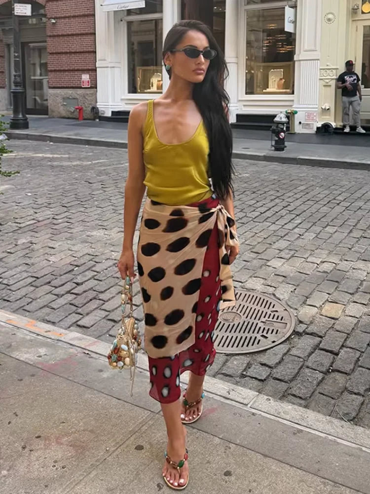 High Waist Wrap Tie Midi Skirt Contrast Leopard Print Flowy Irregular Hem Chiffon Skirts 2026 Summer Elegant Vacation Chic Wear