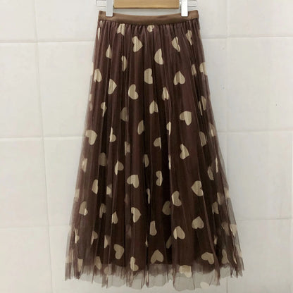 Tulle Maxi Skirt Women Fashion 2022 Spring Summer Heart Print High Waist Pleated Mesh  Long Skirt Female Aesthetic Skirt