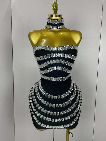Women 2025 Sparkly Rhinestones Bodycon Strapless Mini Bandage Dress Backless Fashion Evening Party Club Luxury Birthday Dresses