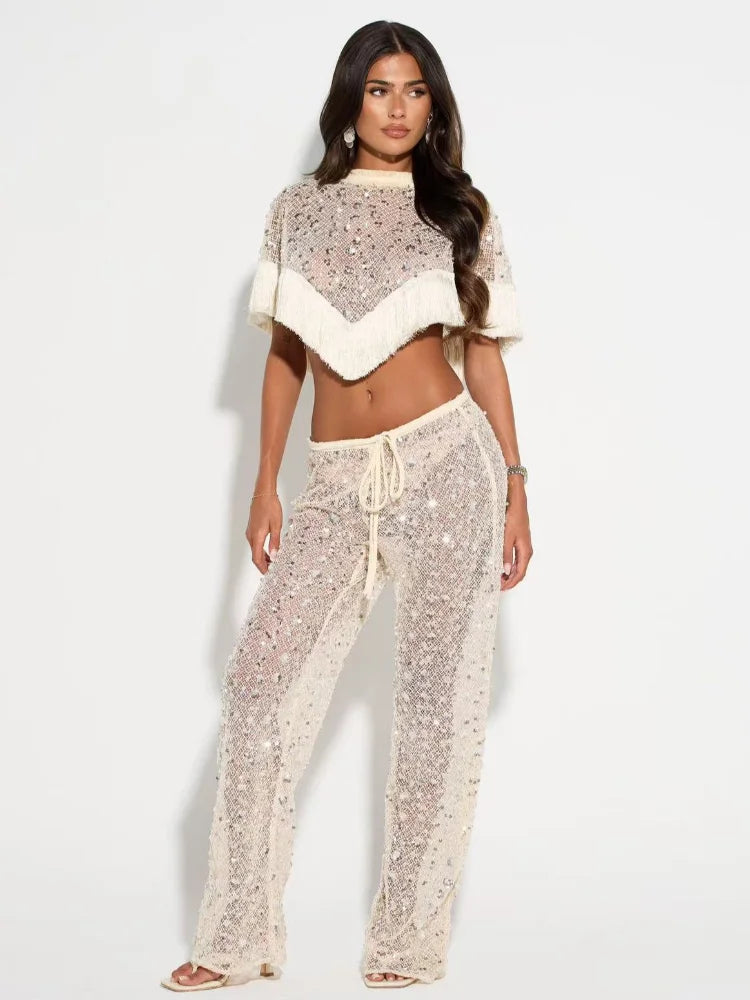 Women Sequin Mesh Tassel Fringe 2 Piece Outfit Short Sleeve Crop Top Drawstring Flare Pants Beach Cover Set Festival Outfit