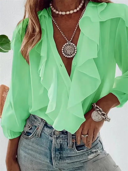 Fashion Ruffles V-neck Women Blouse Women 2026 Spring Autumn Casual Long Sleeve Solid Color Office Shirts Elegant Women's Tops