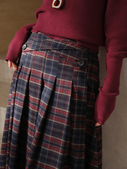 Vintage Plaid Pleated Long Skirt Women Lady High Waist A-Line Midi Skirt Preppy Elegant Winter Casual Daily Wear Style Outfit