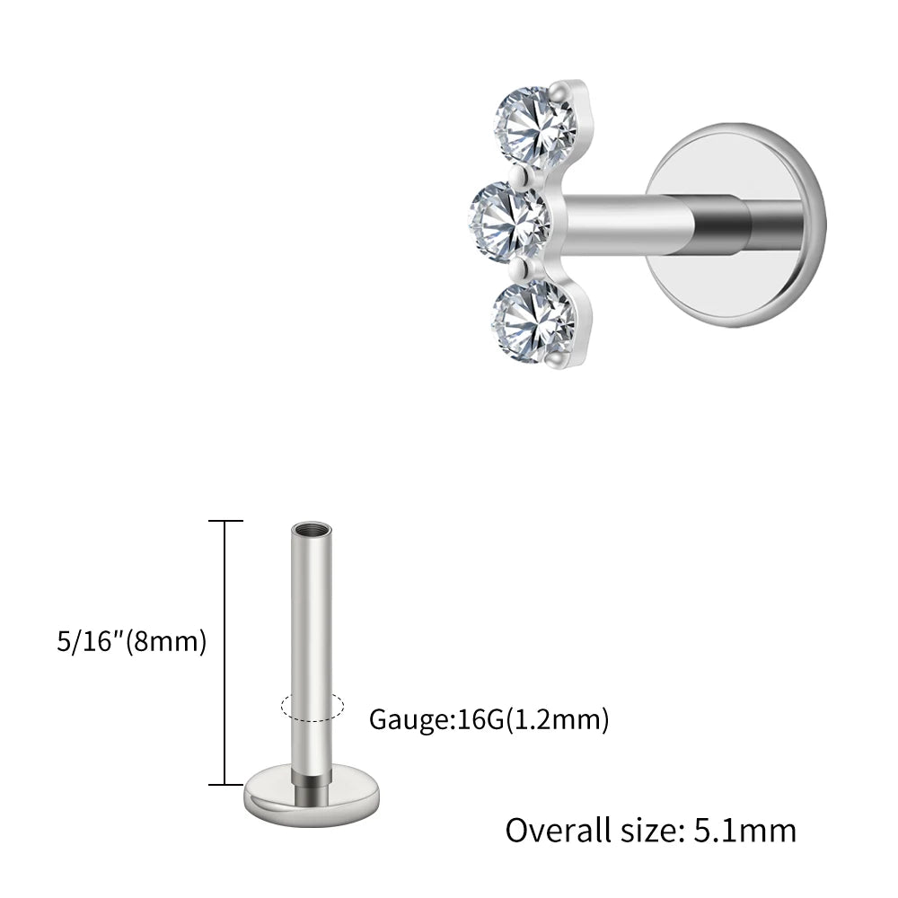 Right Grand ASTM F136 Titanium Triple CZ Helix Tragus Flat Back Earring 16G Dainty Ear Climber Cartilage Stud Piercing Jewelry
