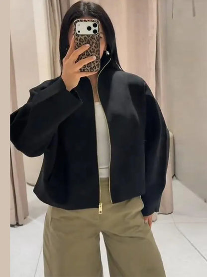 Elegant Knitted Zipper Women's Sweater Solid Full Sleeve Stand Collar Loose Open Stitch Female 2026 Fashion Autumn Outwear Lady