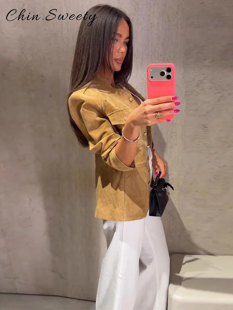 Elegant Women's Suede Short Jacket Slim Waist Cinched Stand Collar Long Sleeve Single Breasted Coats 2026 Autumn Lady Jackets