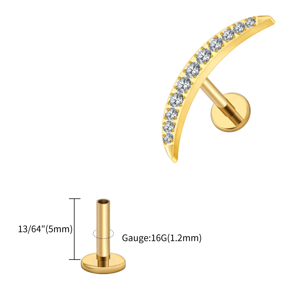 Right Grand ASTM F136 Titanium Long Crescent Moon Labret with CZ 16G Screw Back Climber Earring Helix Cartilage Tragus Piercing