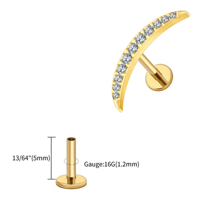 Right Grand ASTM F136 Titanium Long Crescent Moon Labret with CZ 16G Screw Back Climber Earring Helix Cartilage Tragus Piercing