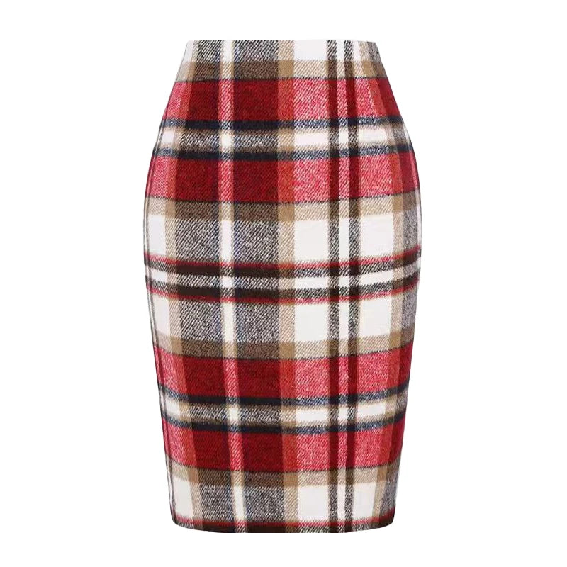 Women Tartan Plaid Thick Woolen Pencil Skirt Lined Back Invisible Zipper High Waist Bodycon Midi Skirt For Daily Casual Outings