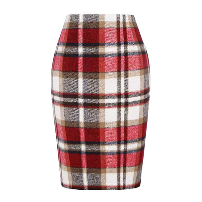Women Tartan Plaid Thick Woolen Pencil Skirt Lined Back Invisible Zipper High Waist Bodycon Midi Skirt For Daily Casual Outings